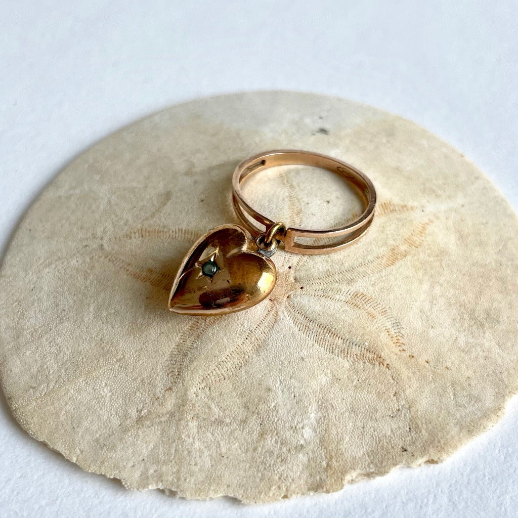 9ct Gold and Seed Pearl Vintage Heart Dangle Ring.