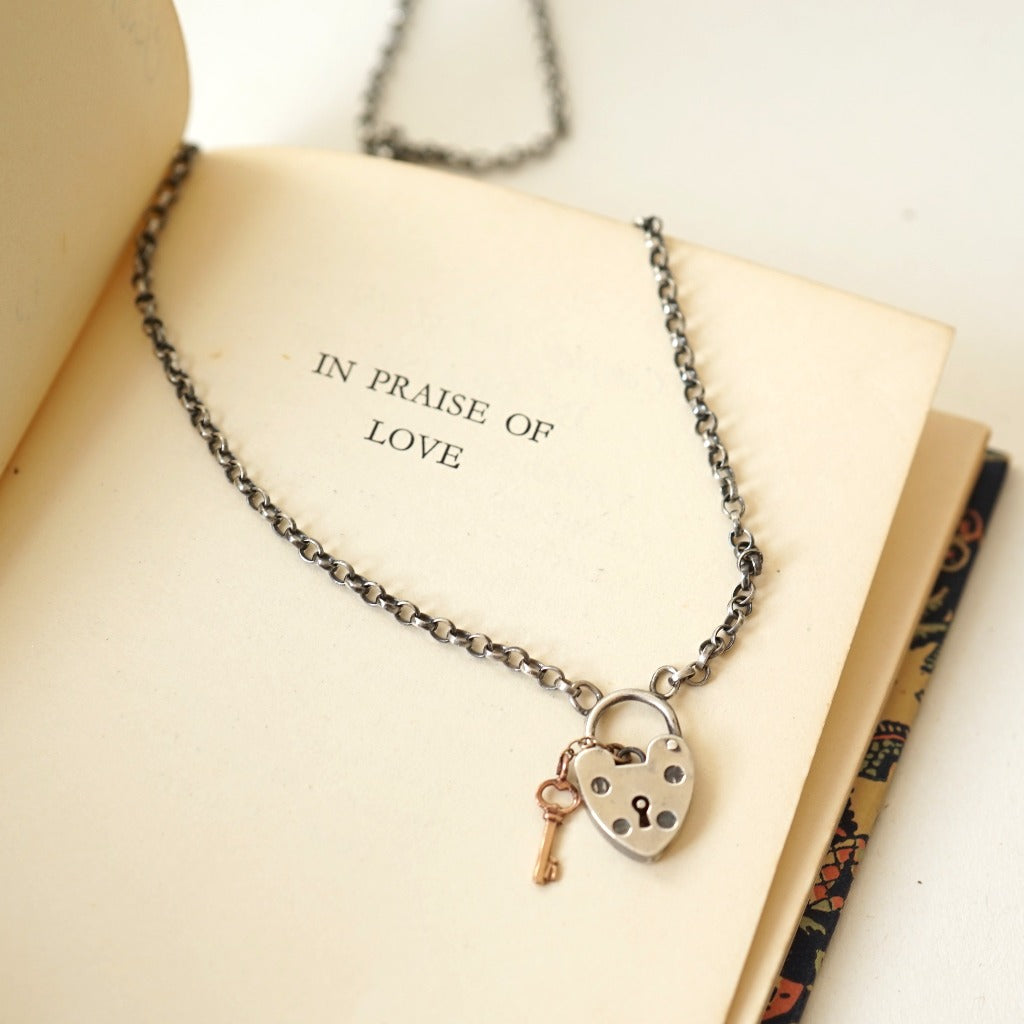 Oxidised Silver Pocket Watch Chain Key to My Heart Necklace
