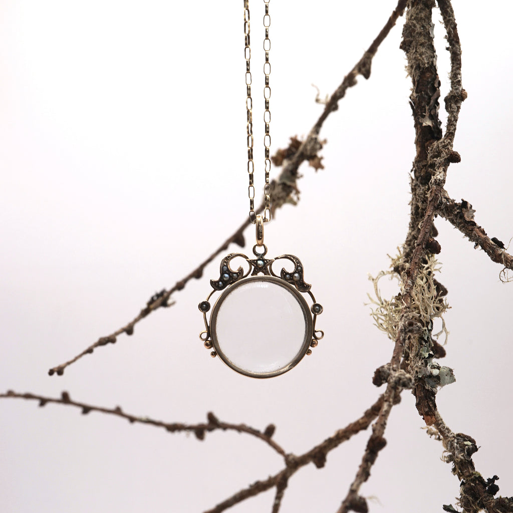 Gold and Seed Pearl  Moon and Star Locket