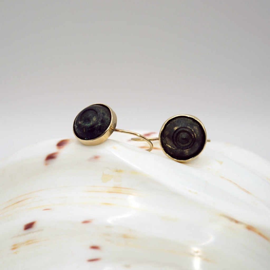 Gold and 18thC Bronze Button Hook Earrings