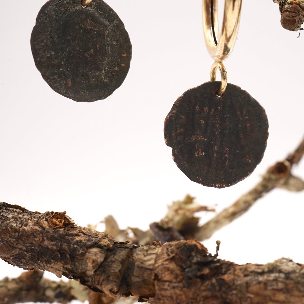 Gold Hoop earrings with Roman coins.