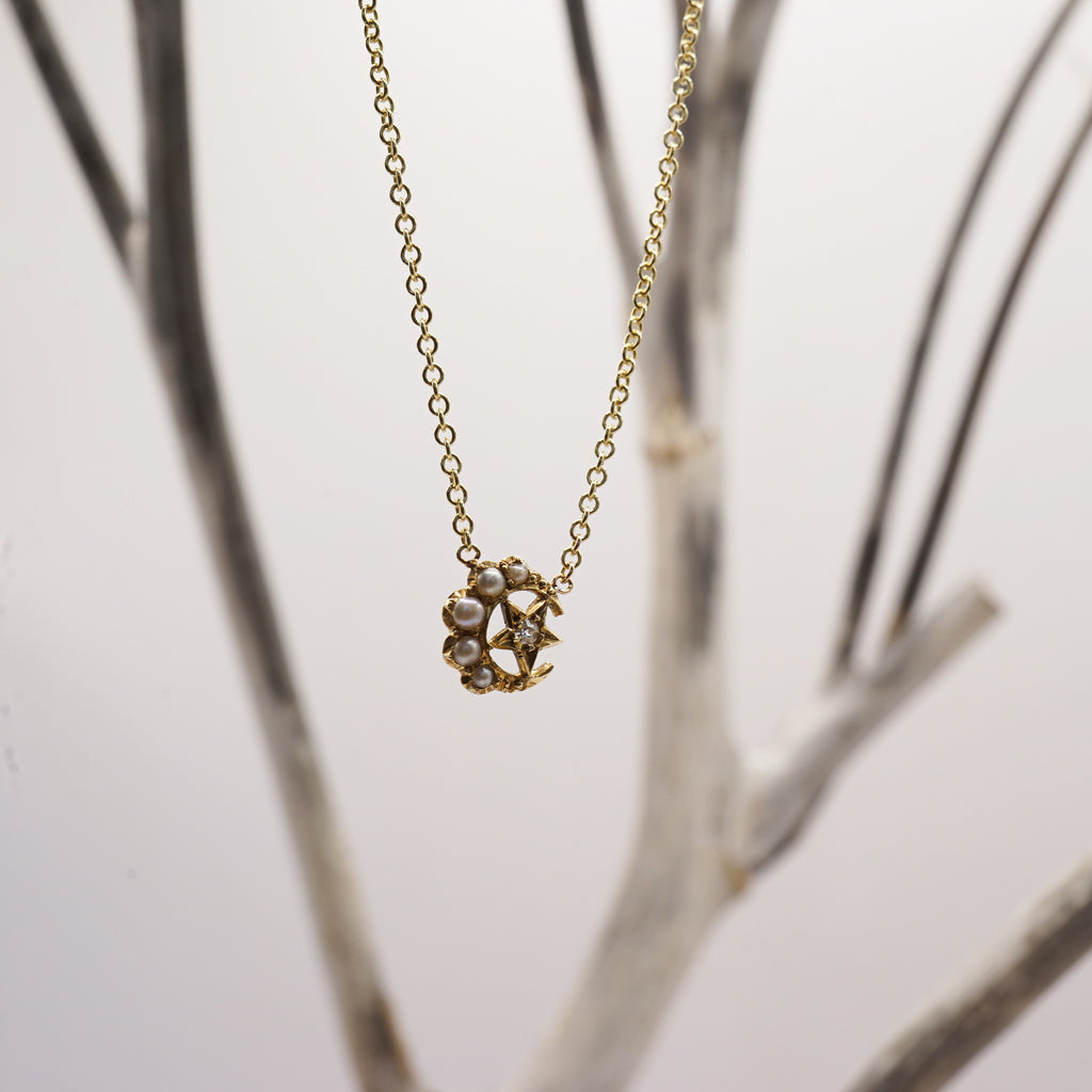 Gold Seed Pearl Moon and Star Necklace