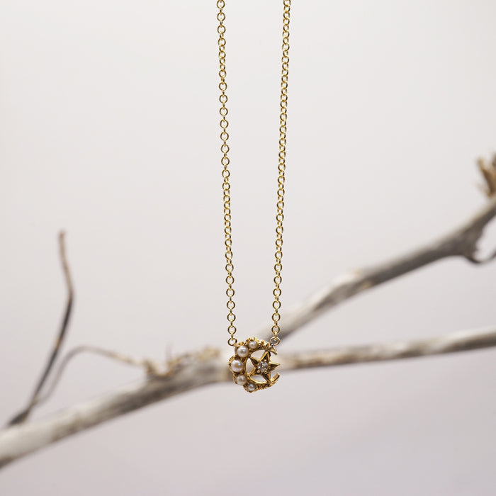 Gold Seed Pearl Moon and Star Necklace