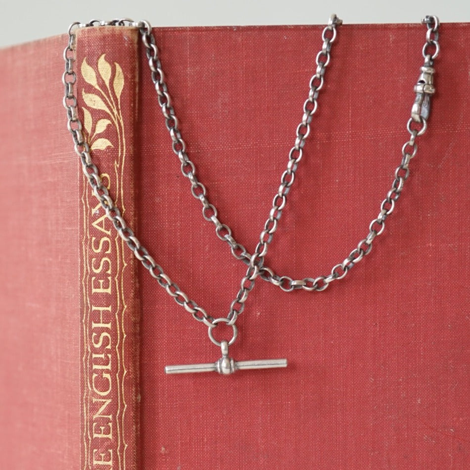 Antiqued Silver Pocket Watch Chain and T. Bar Necklace