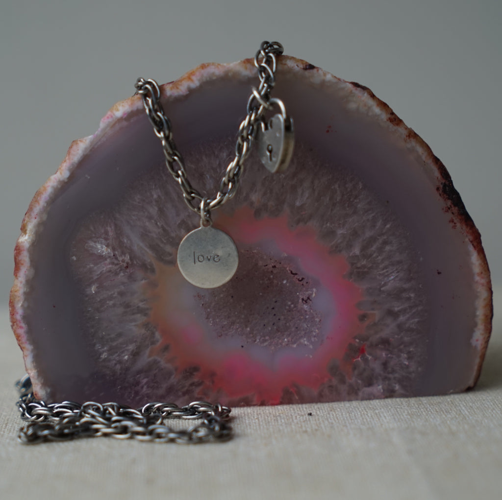 Silver Charm Vintage Long Steel Chain Love Necklace.