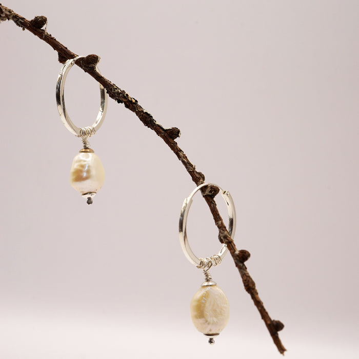 Silver and Pearl Square Edged Hoop Earrings