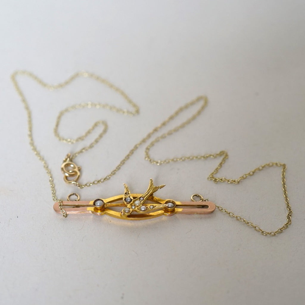 Antique Gold and Seed Pearl Swallow necklace Badger's velvet