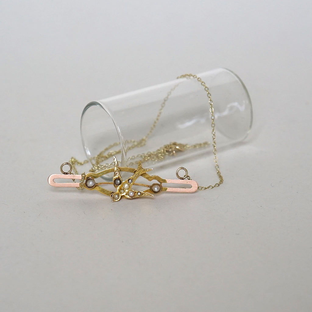 Gold and Seed Pearl Swallow Bar Necklace