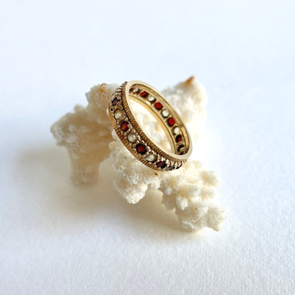 Antique 9ct Gold White Sapphire and Garnet Eternity Ring