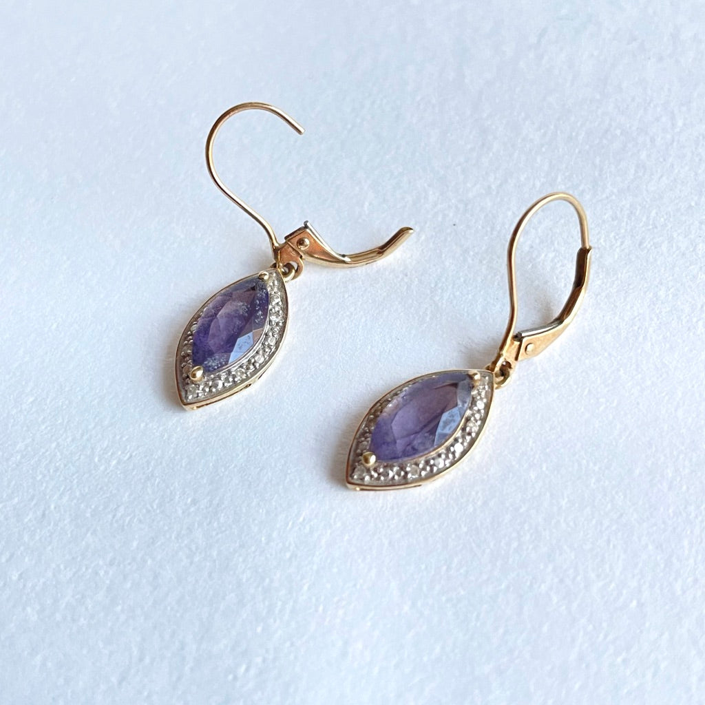 9ct gold diamond and tanzanite drop earrings