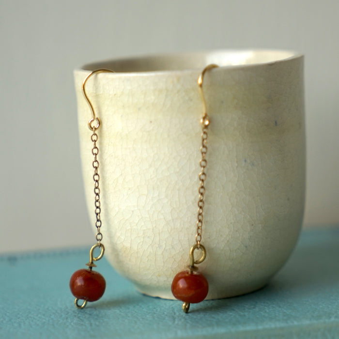 Antique Carnelian beads & gold chain earrings, gold earrings, gold & carnelian earrings, antique earrings, Badger's Velvet