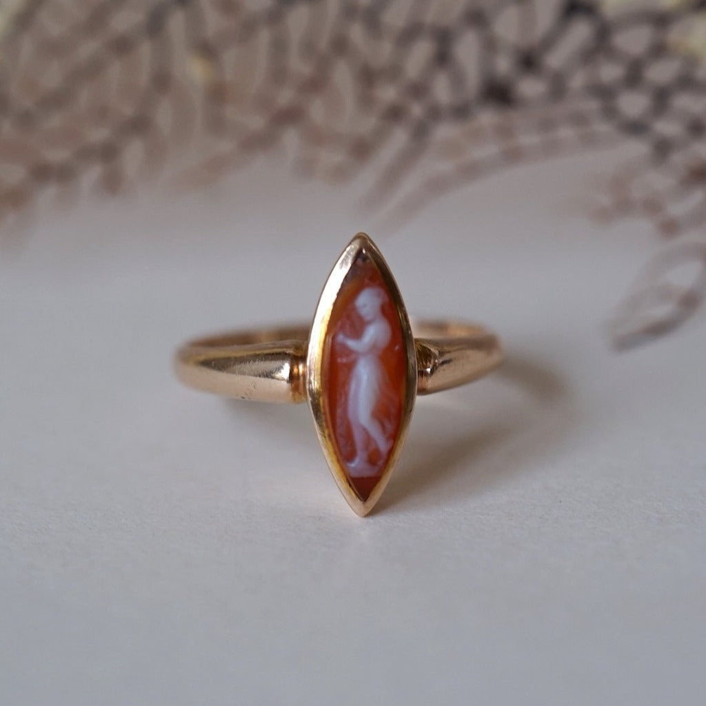 9ct Gold Antique Carved Cameo Lozenge Graces Ring. Badger's Velvet