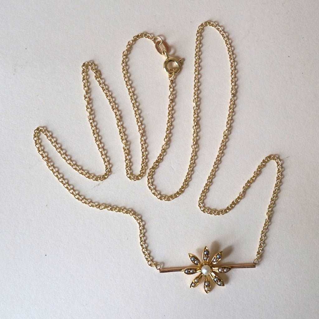 14ct Gold Seed Pearl Daisy Bar Necklace
