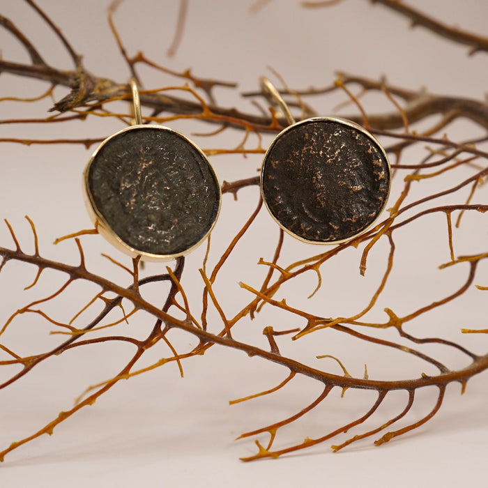Gold Mounted Roman Coin Earrings, Badger's Velvet