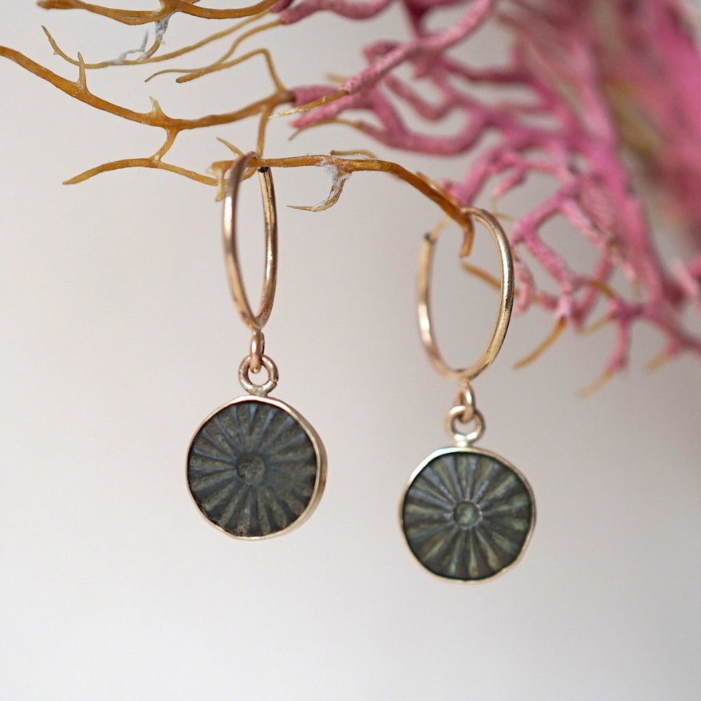 Gold and 18thC Bronze Button Creole Hoop Earrings