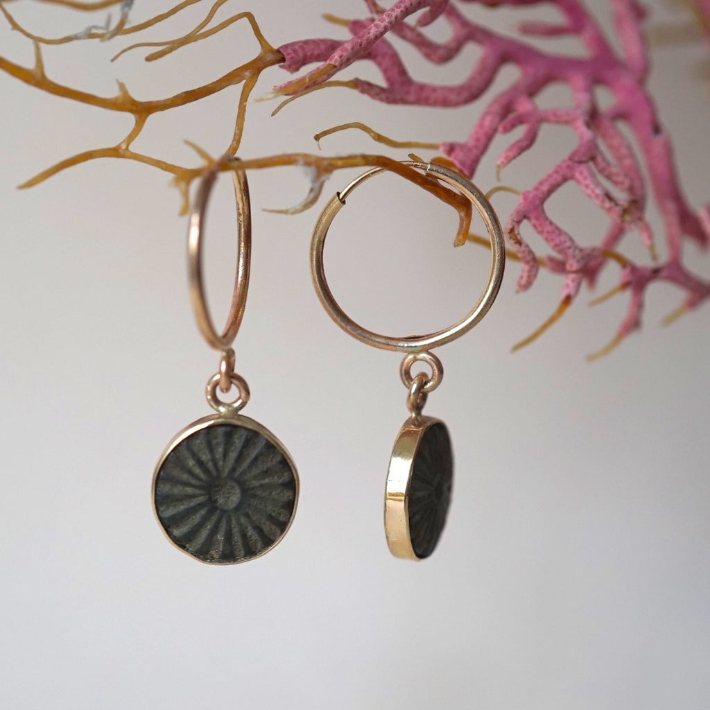 Gold and 18thC Bronze Button Creole Hoop Earrings. Badger's Velvet