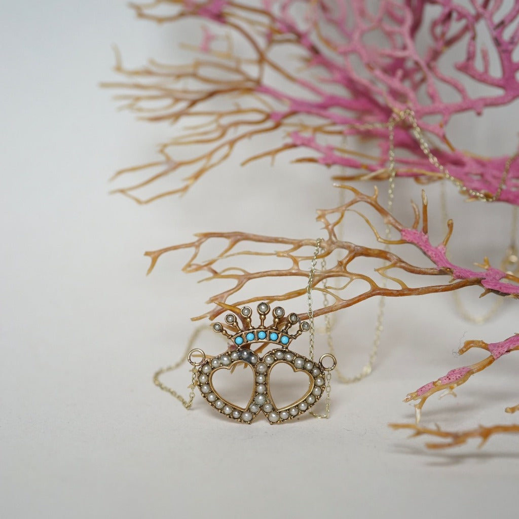 Gold Seed Pearl Heart and Crown Necklace