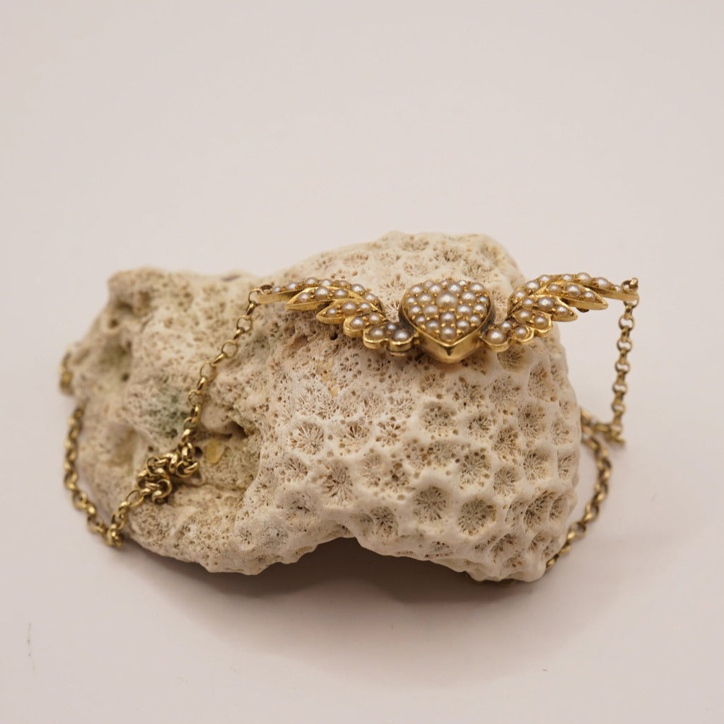 Gold and Seed Pearl Winged Heart Necklace