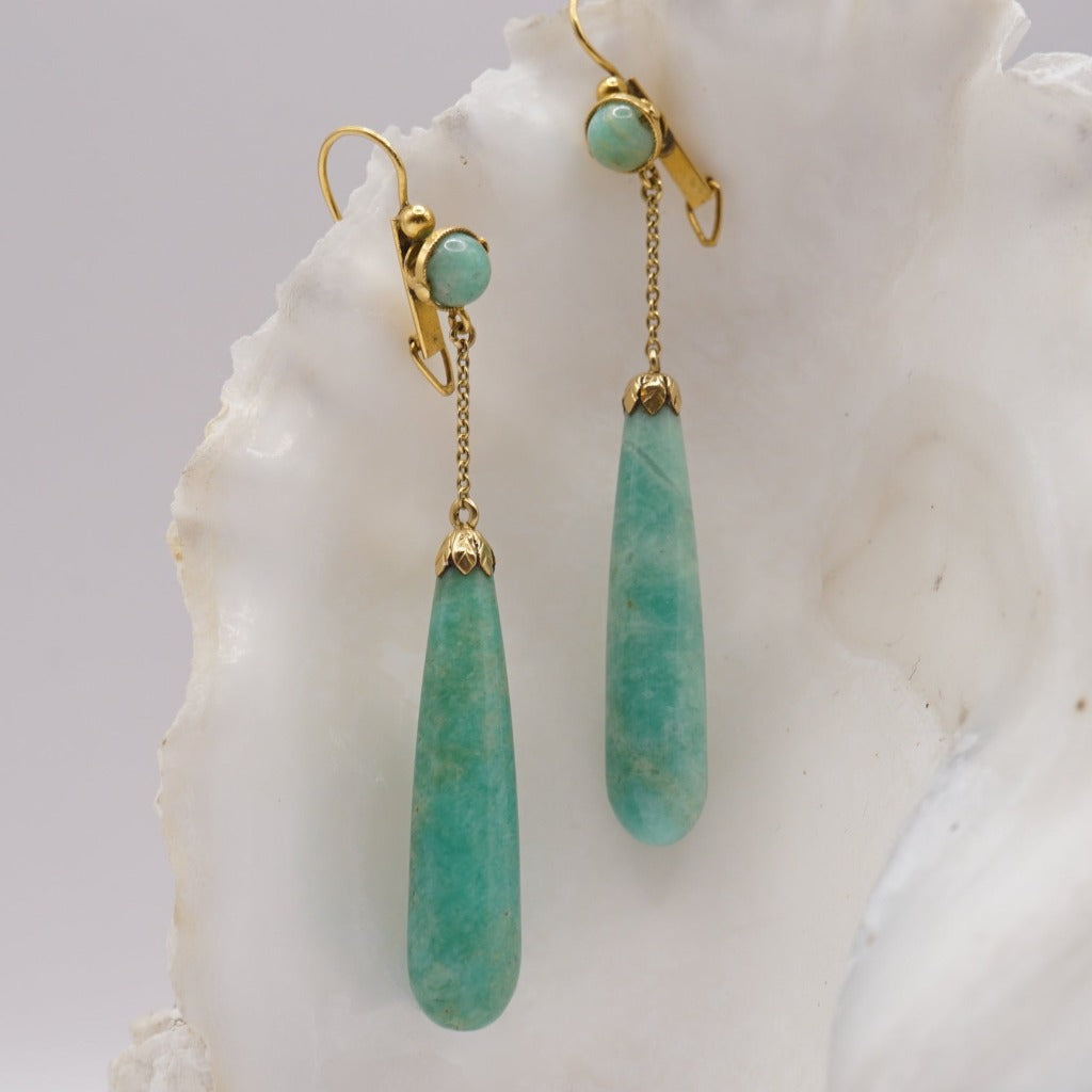 Jade Green Hard Stone and Gold Drop Earrings, Badgers Velvet