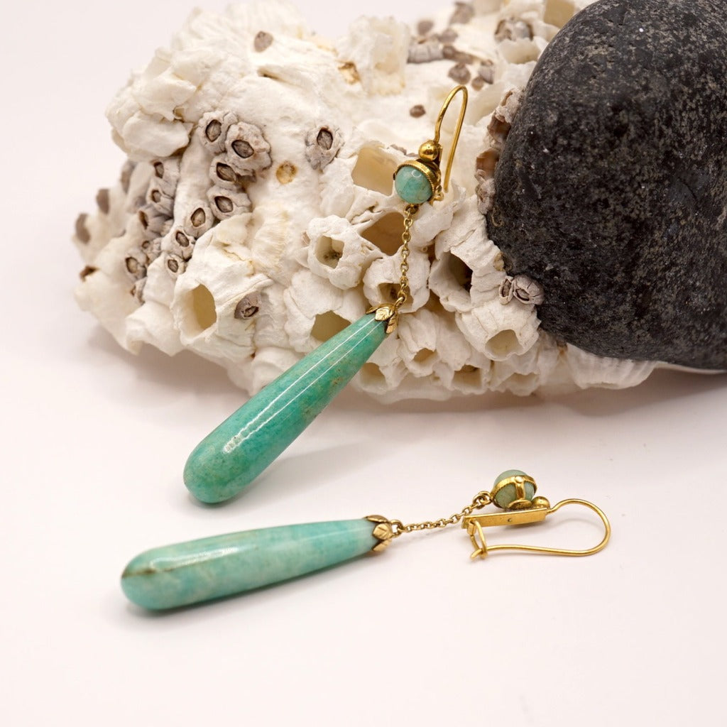 Jade Green Hard Stone and Gold Drop Earrings, Badgers Velvet