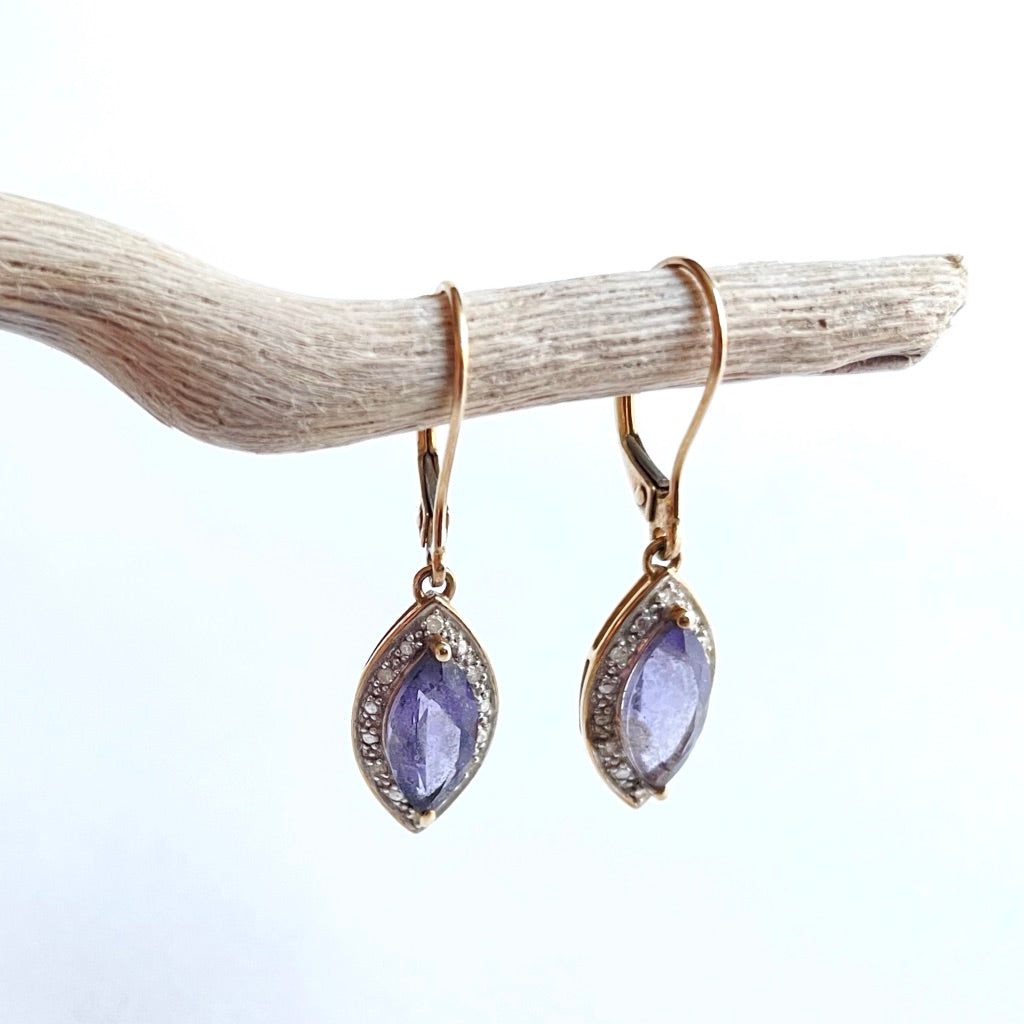 9ct gold diamond and tanzanite drop earrings