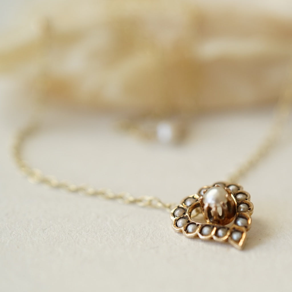 18ct Gold and Seed Pearl Heart and Gold Chain Pendant. Badger's Velvet