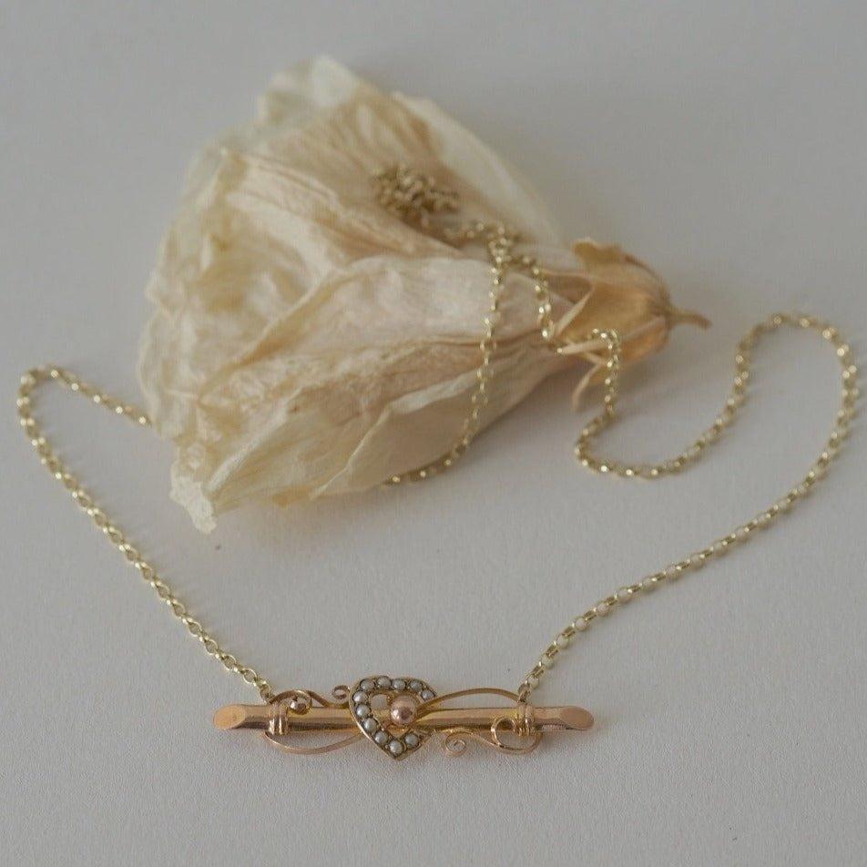 Antique 9ct Gold and Seed Pearl Heart Love Necklace Badger's Velvet