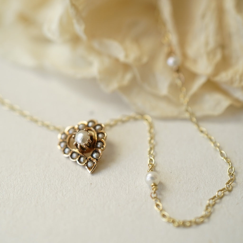 18ct Gold and Seed Pearl Heart and Gold Chain Pendant. Badger's Velvet