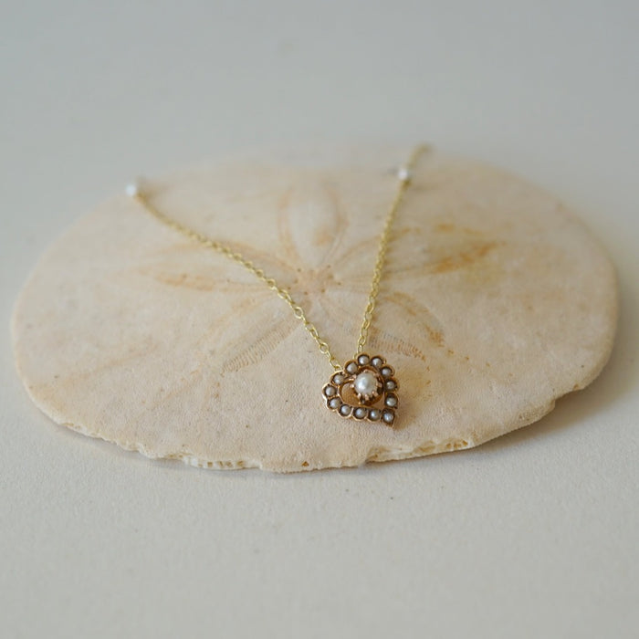 18ct Gold and Seed Pearl Heart and Gold Chain Pendant. Badger's Velvet 