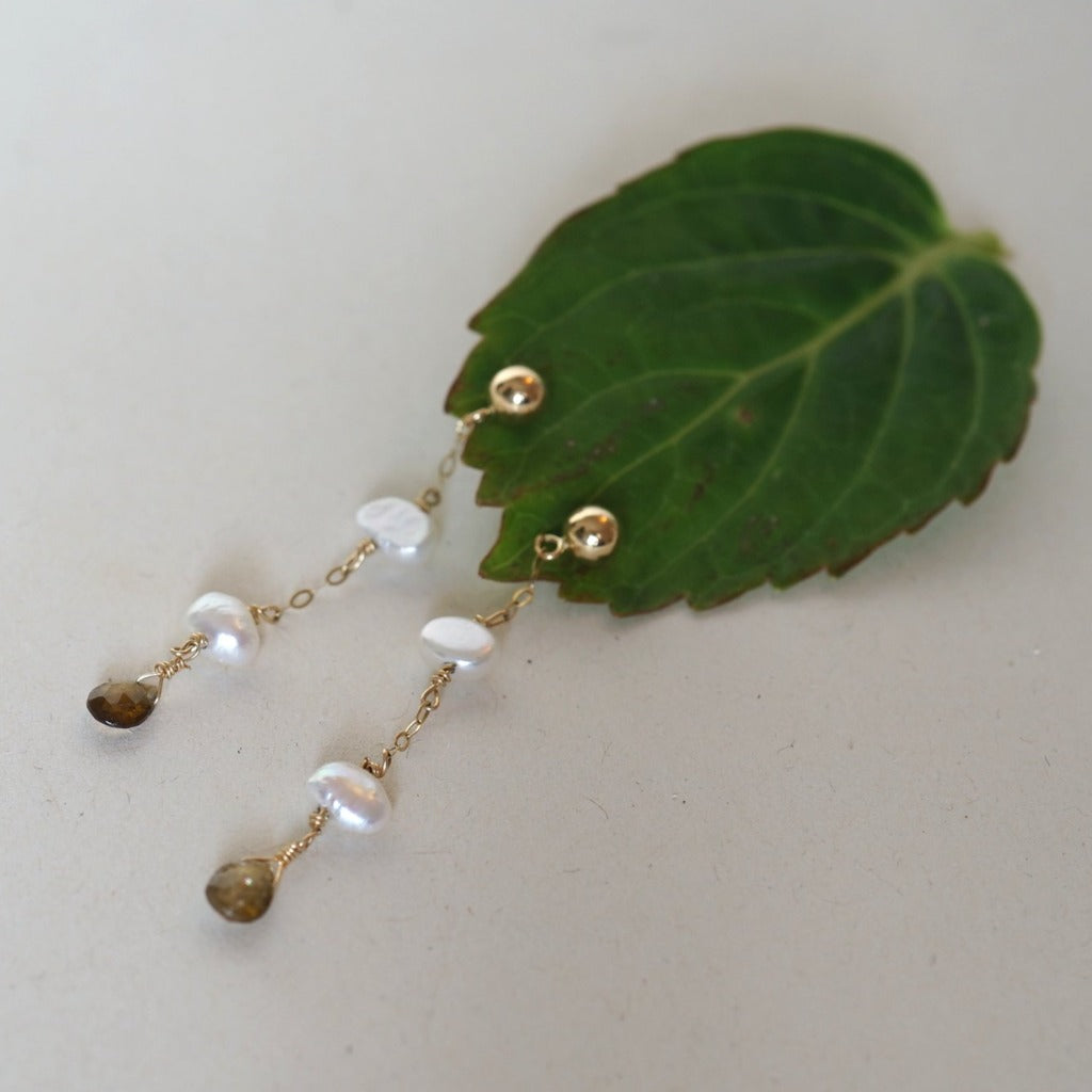 Gold, Freshwater Pearl and Tourmaline Drop Earrings