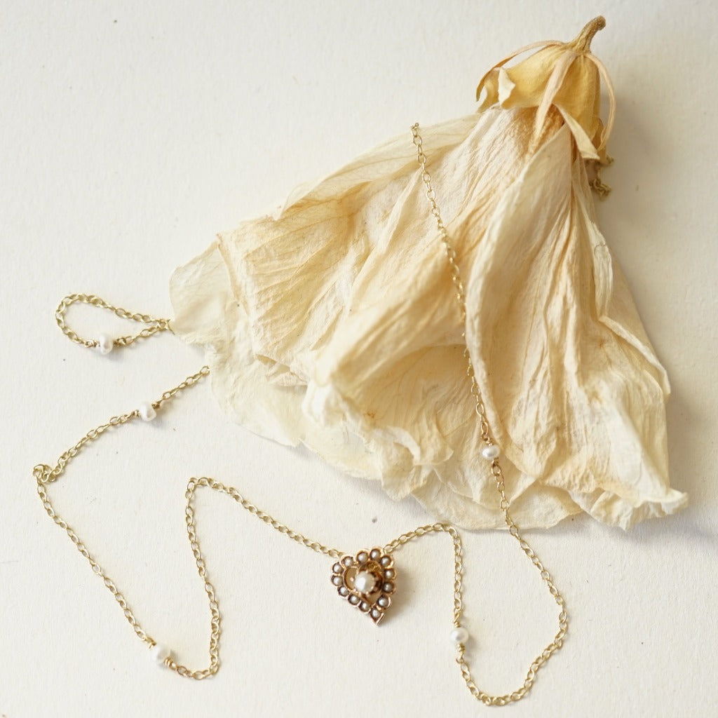 18ct Gold and Seed Pearl Heart and Gold Chain Pendant. Badger's Velvet