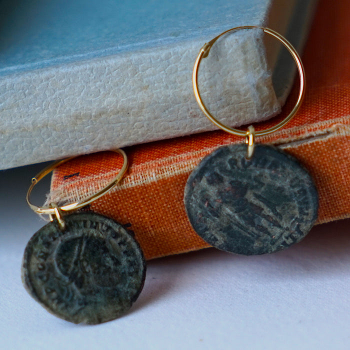 Roman Coin & Gold hoop earrings 