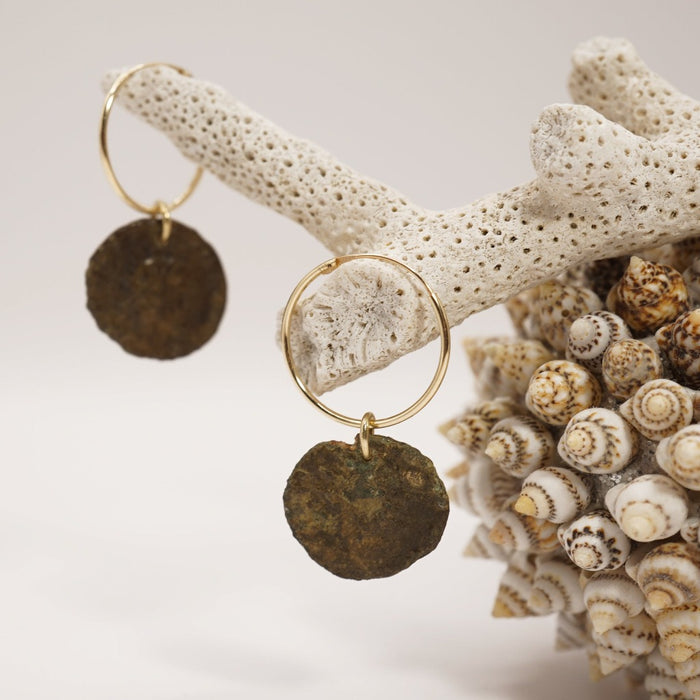 Gold Hoop earrings with Roman coins., Badger's Velvet