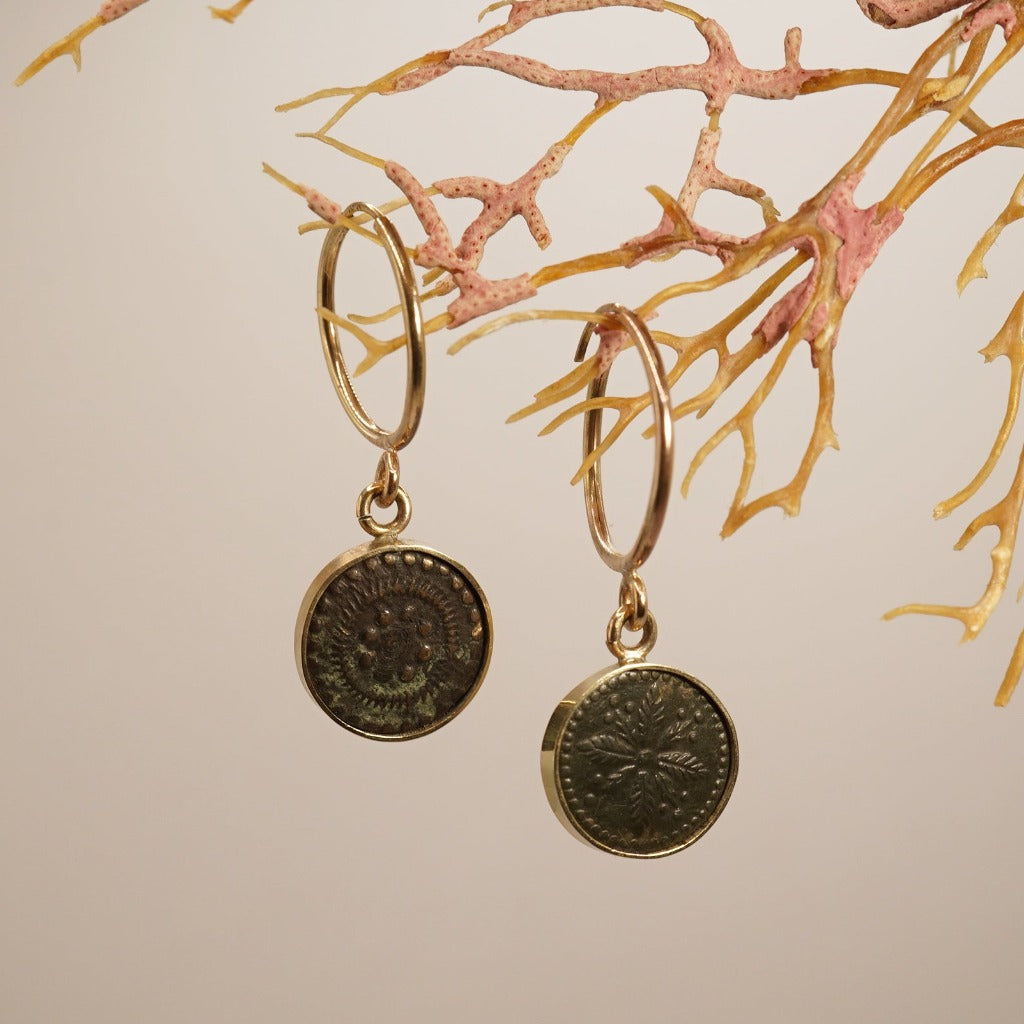 Gold and 18thC Bronze Button Hoop Earrings