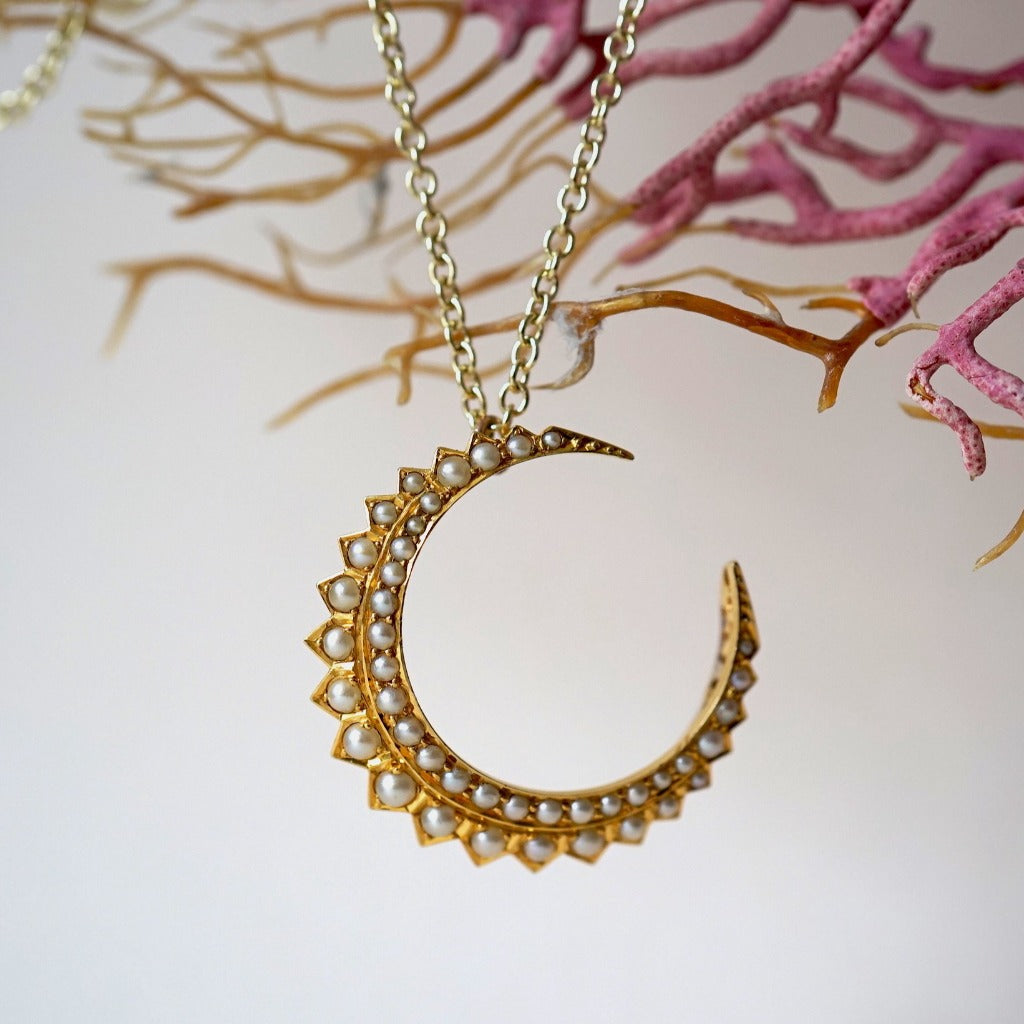Edwardian 9ct Gold and Seed Pearl Crescent Moon Pendant. Badger's Velvet