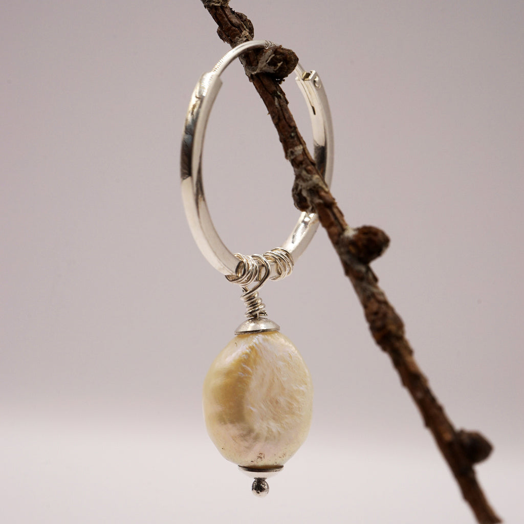 Silver and Pearl Square Edged Hoop Earrings