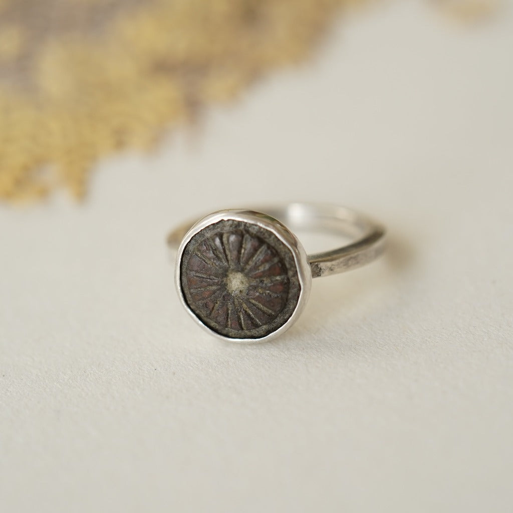 Silver and 17thC Bronze Etched Sun Ring. Badger's Velvet