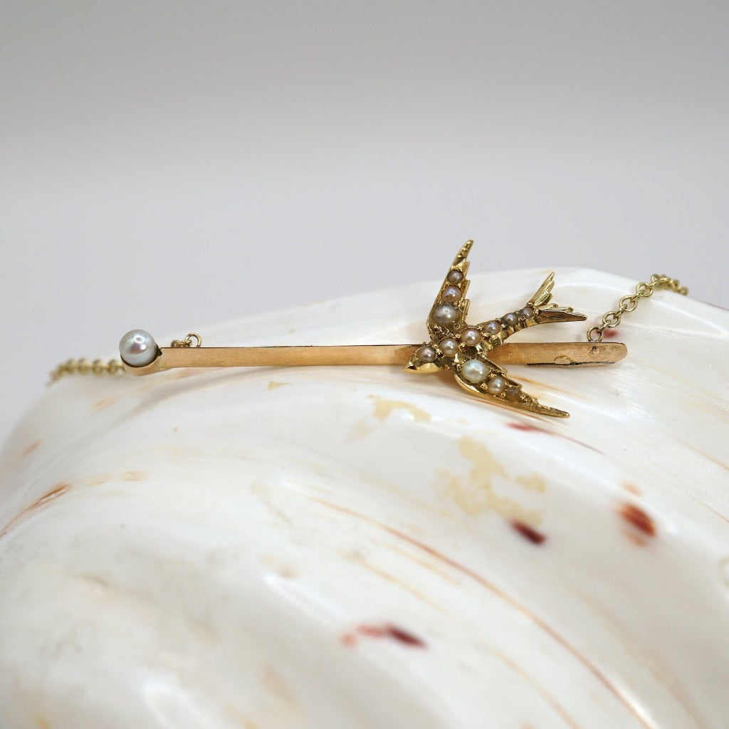 Gold and Seed Pearl Swallow Bar Necklace. Badger's velvet