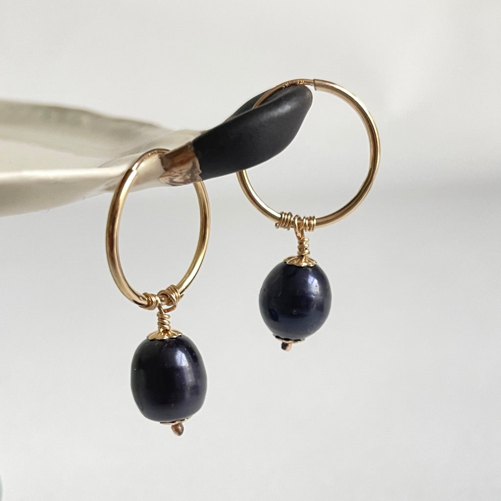 Gold and Black Freshwater Pearl Hoops