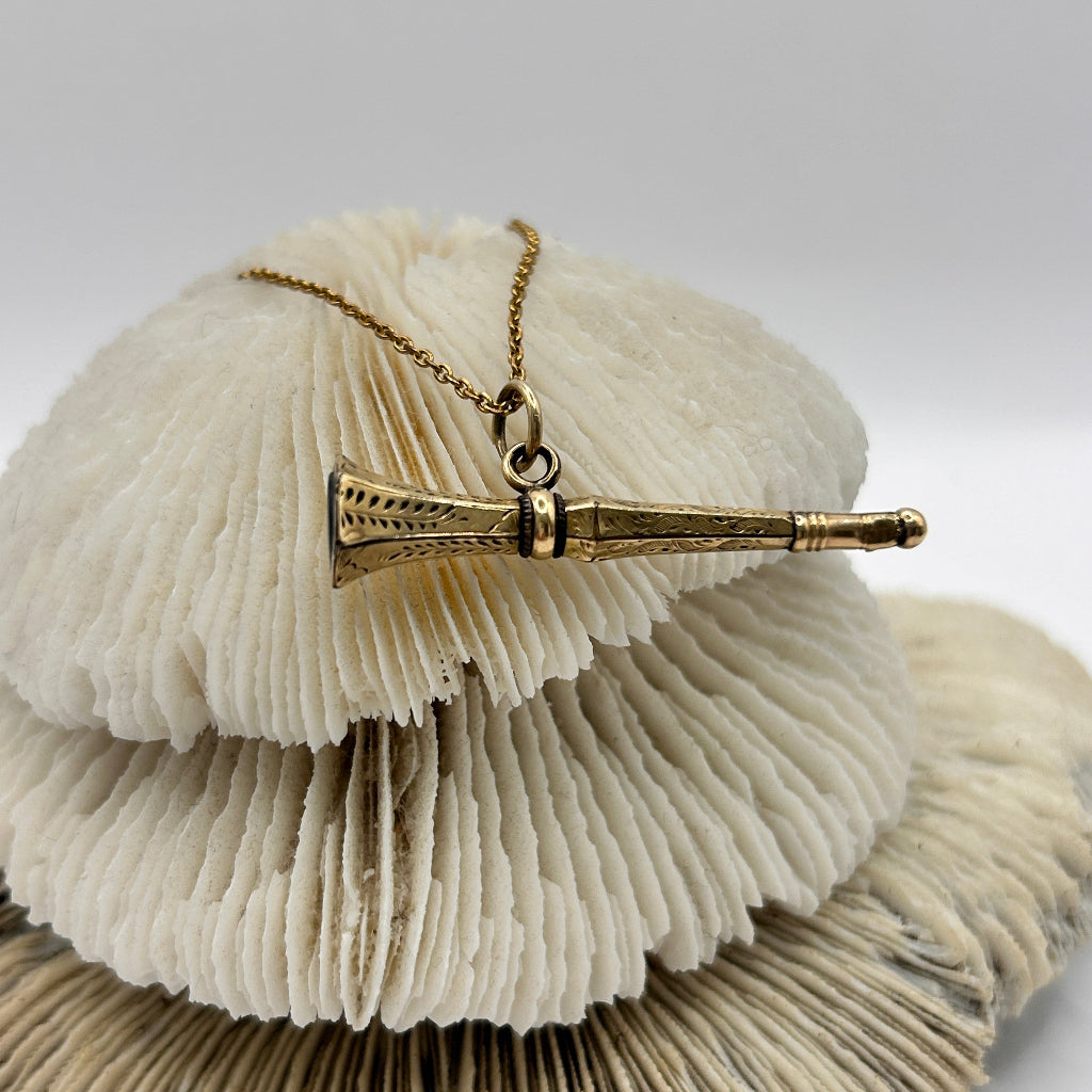 9ct Gold Victorian Trombone watch winder and chain, Badger's Velvet
