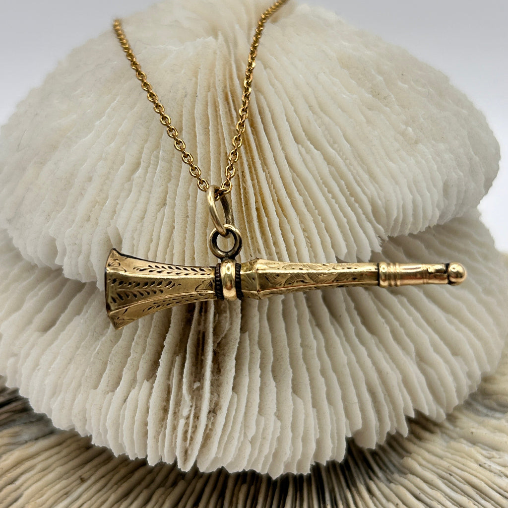 9ct Gold Victorian Trombone watch winder and chain, Badger's Velvet