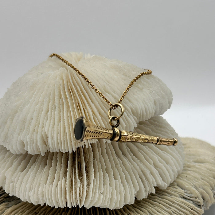 9ct Gold Victorian Trombone watch winder and chain, Badger's Velvet