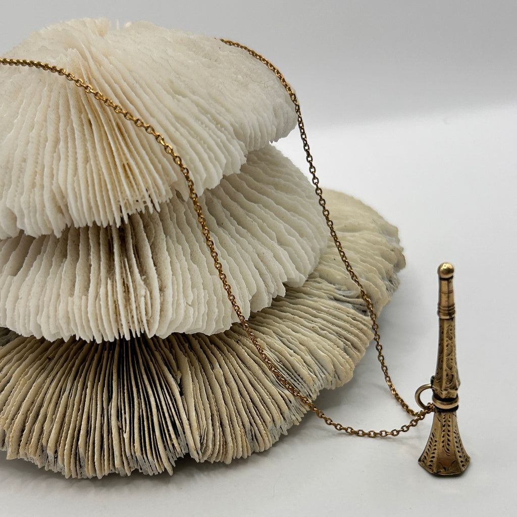 9ct Gold Victorian Trombone watch winder and chain, Badger's Velvet