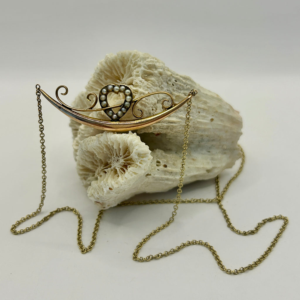 Antique Seed Pearl Heart and Moon Necklace 