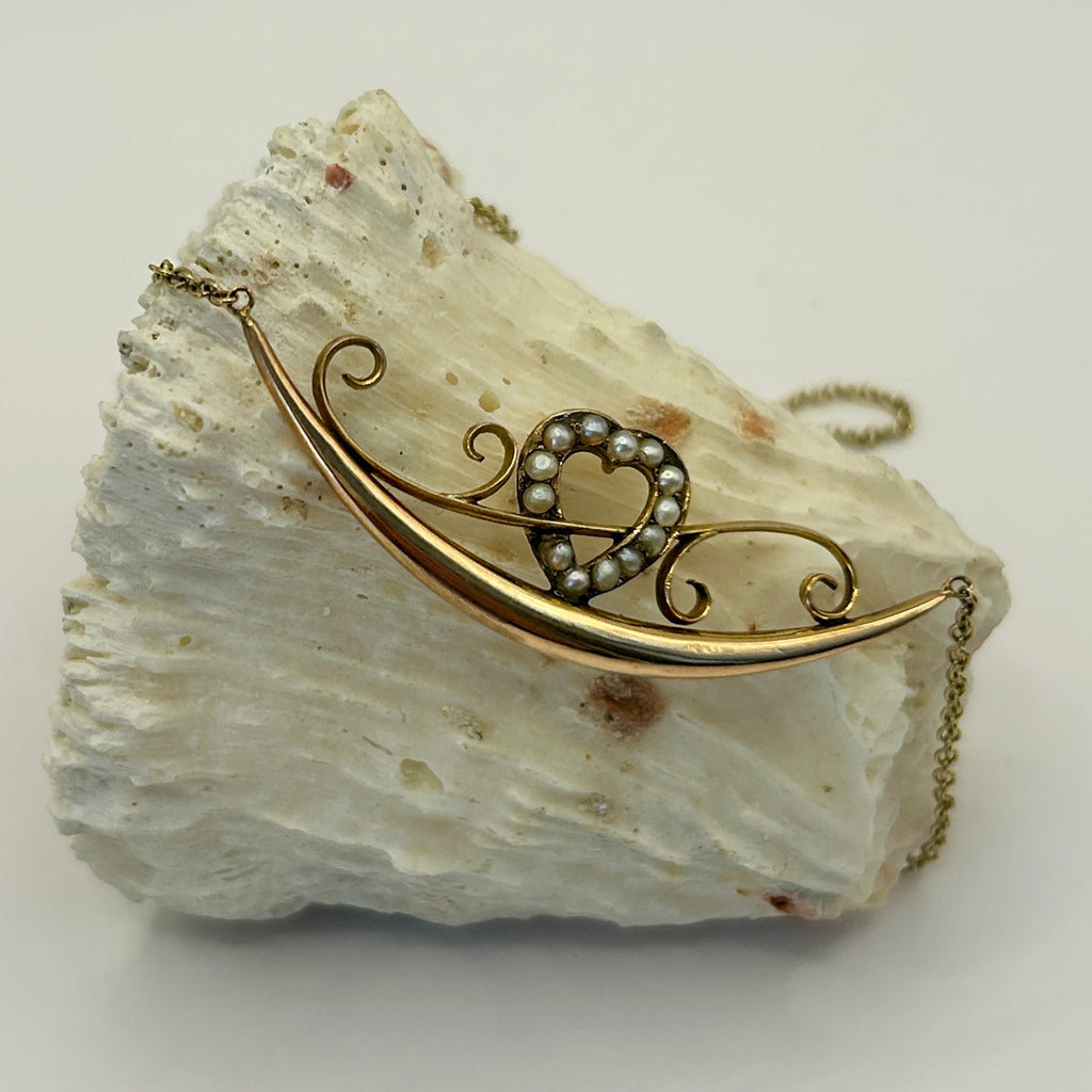 Antique Seed Pearl Heart and Moon Necklace 