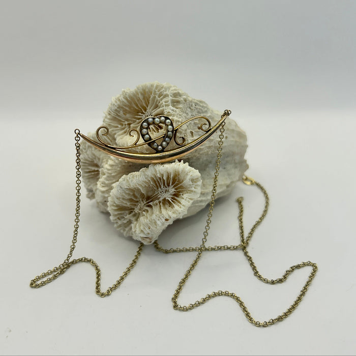 Antique Seed Pearl Heart and Moon Necklace 