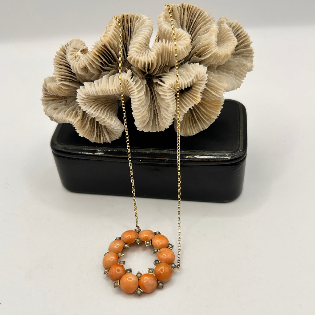 Gold Coral and Seed Pearl Wreath Necklace