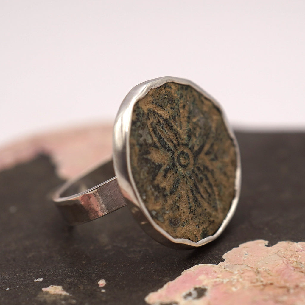 Etched Bronze Button Silver Ring, Badger's Velvet