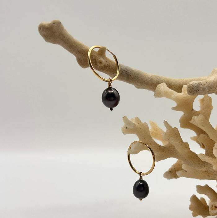 Gold hoop earrings with black beads on a branch with coral-like texture.