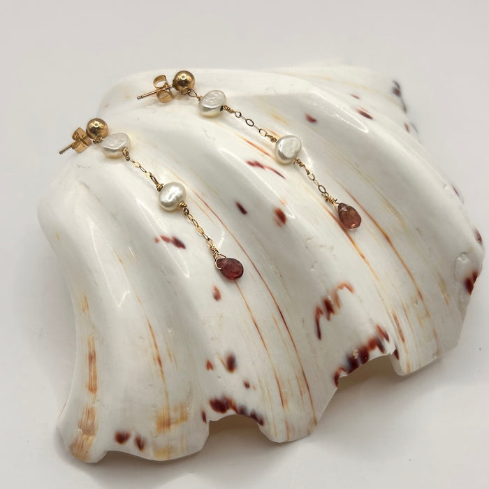 Gold Freshwater Pearl and Pink Tourmaline Drop Earrings